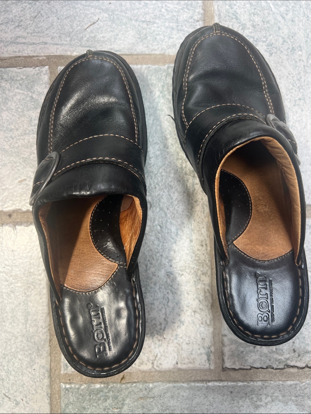 Born Black Leather women Slip-On Loafers with Buckle Accent